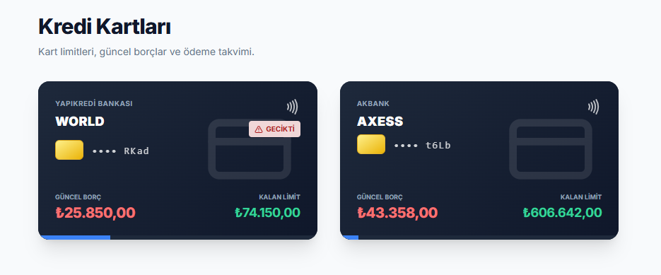 Kredi Kartları Ana Ekran