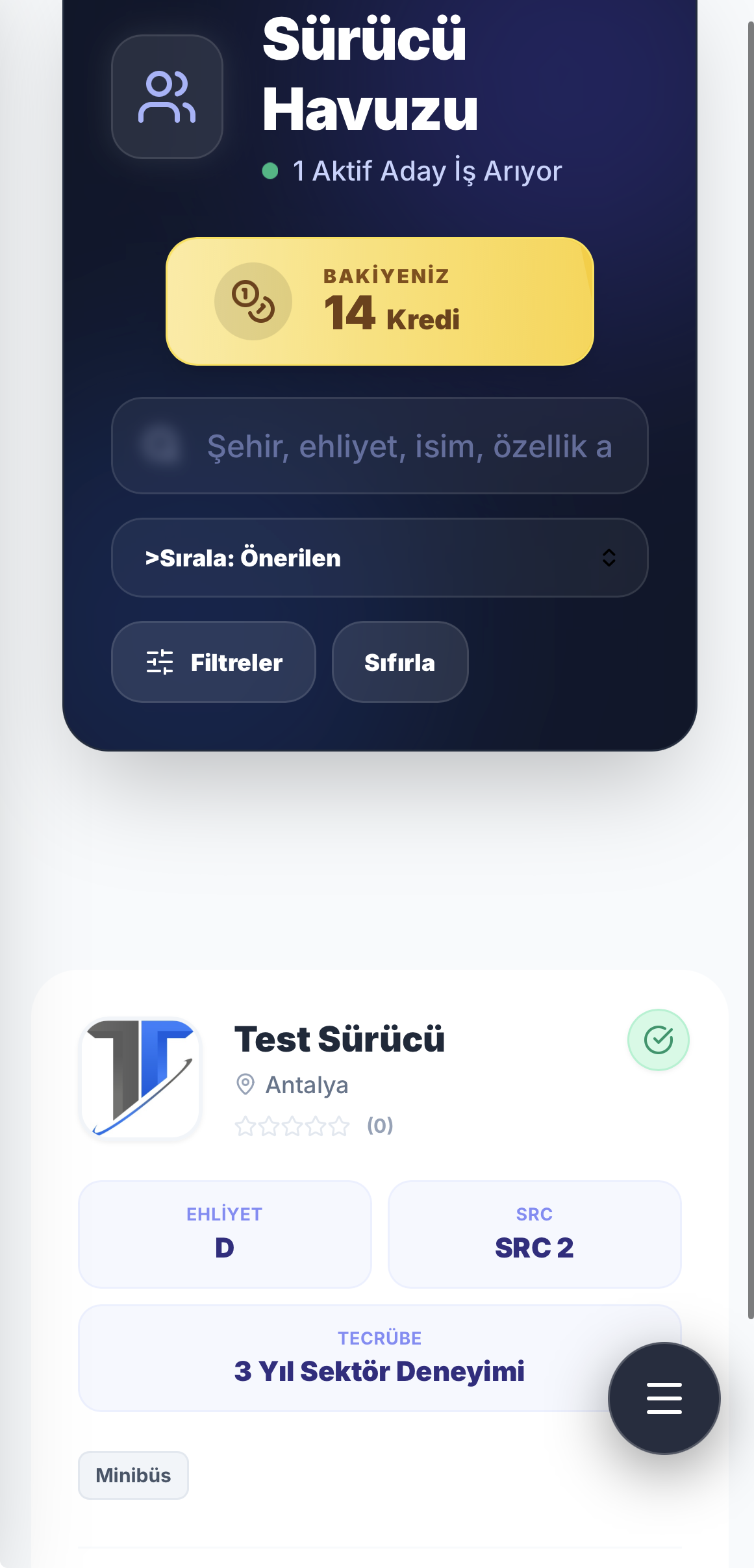 TURYA mobil sürücü havuzu ekranı