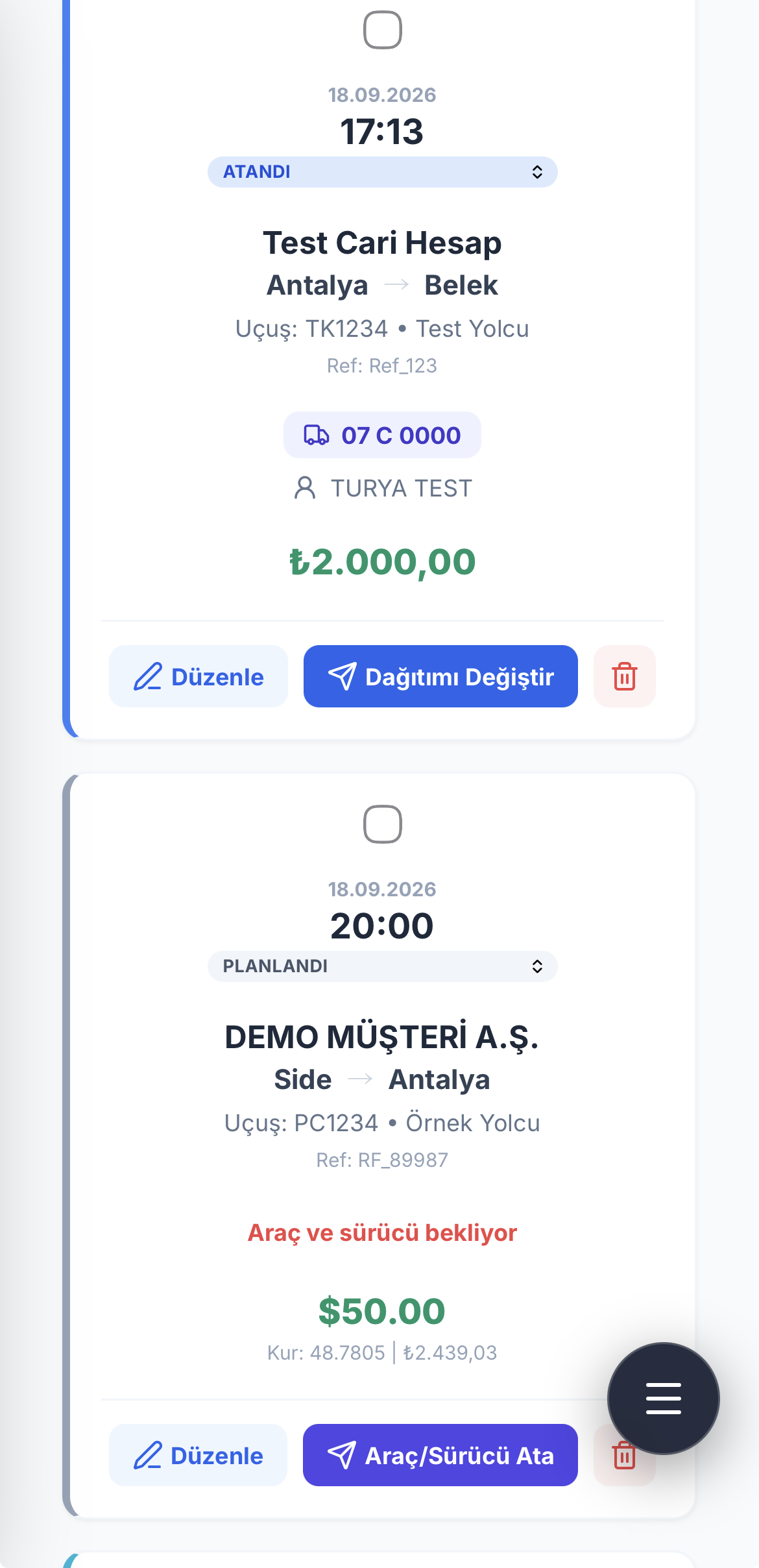 TURYA mobil transfer operasyon ekranı