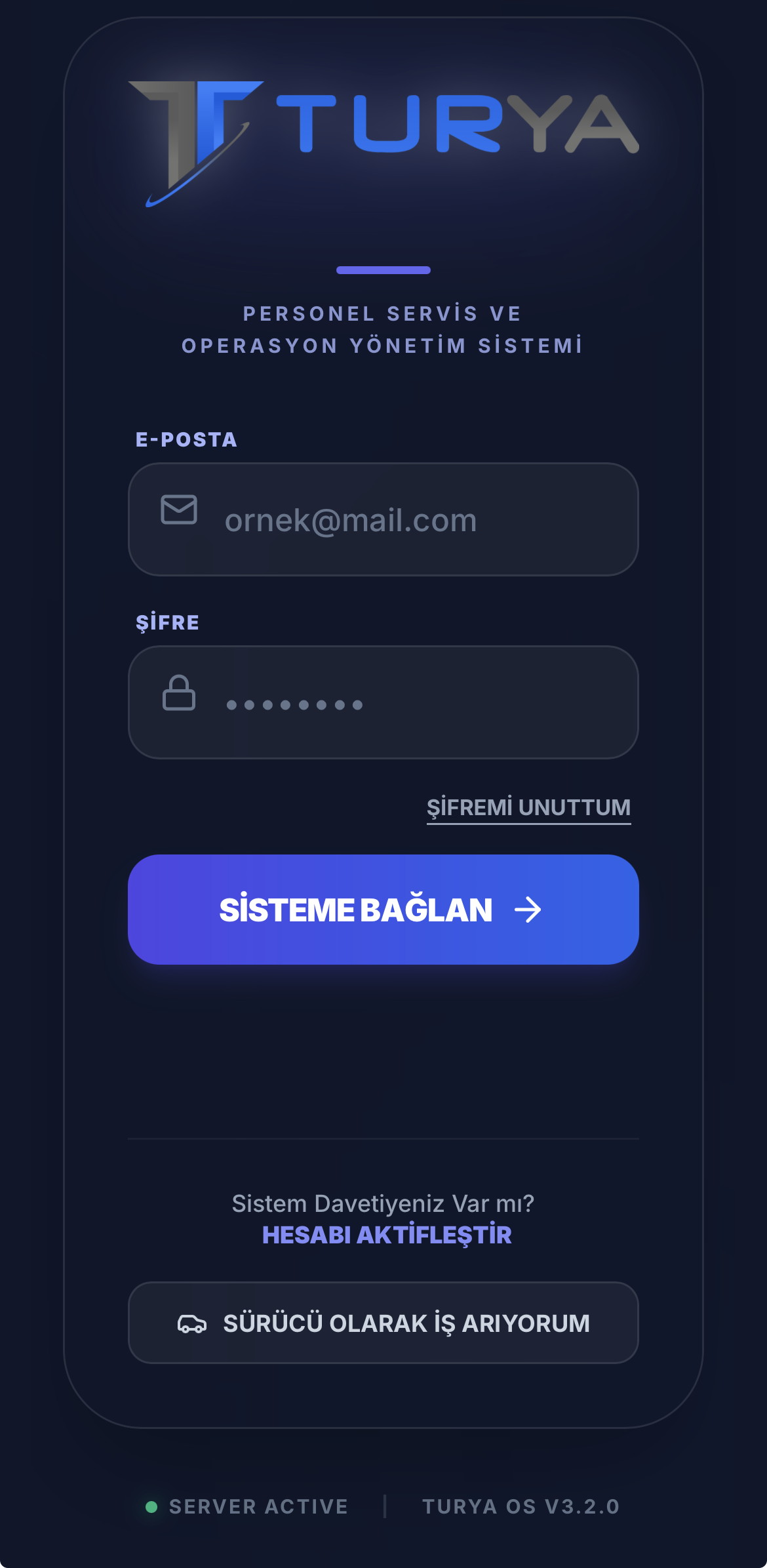 TURYA mobil giriş ekranı