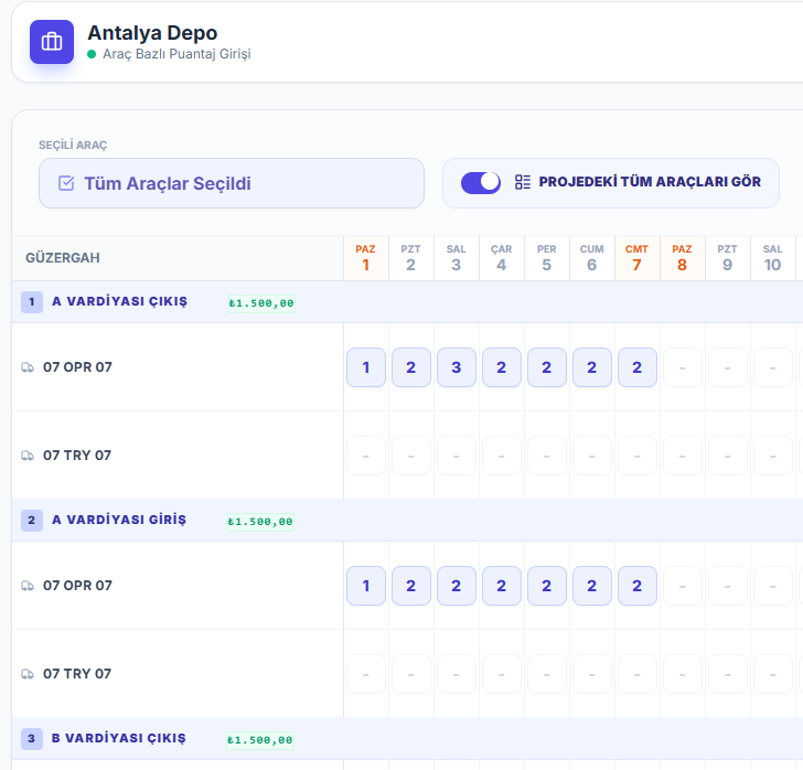 Projedeki Tüm Araçları Gör Seçeneği