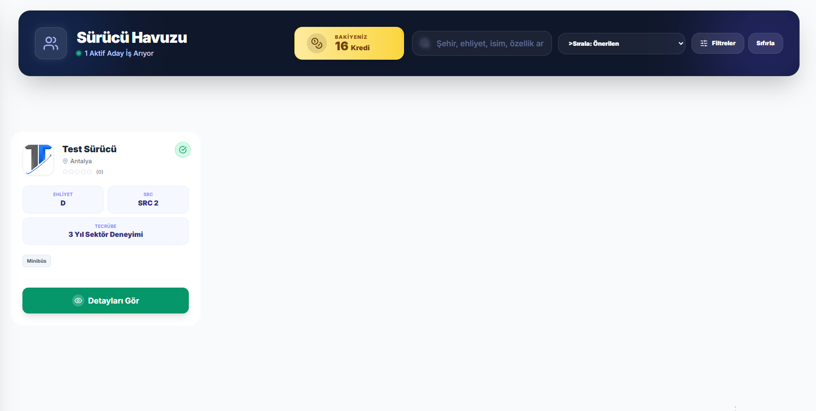Sürücü Havuzu Ana Ekran