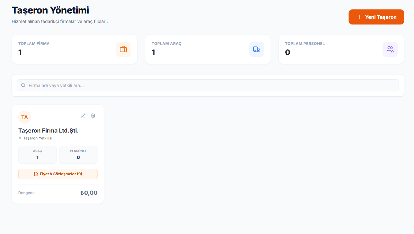 Taşeron Yönetimi Ana Ekranı