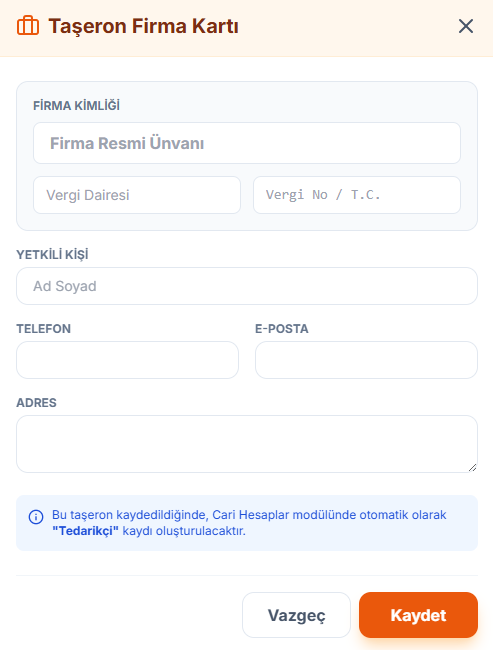 Yeni Taşeron Ekleme Ekranı